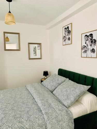 - une chambre avec un lit vert et des photos sur le mur dans l'établissement Maisonnette en hyper centre d’Orléans, à Orléans