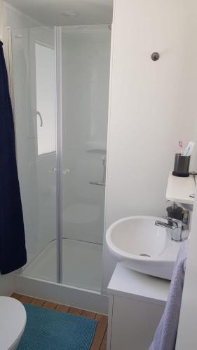 a white bathroom with a shower and a sink at SweetHome in Biograd na Moru