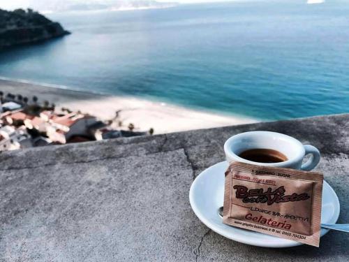 a cup of coffee on a plate with a view of the ocean at Scilla A Vinedda in Scilla