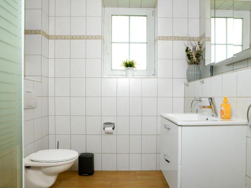 ein weißes Bad mit einem WC und einem Waschbecken in der Unterkunft Gollwitzer Park Oase in Insel Poel
