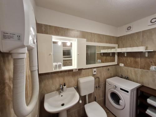 łazienka z umywalką i pralką w obiekcie Holiday Home "Mala kuća " with heated pool w Puli