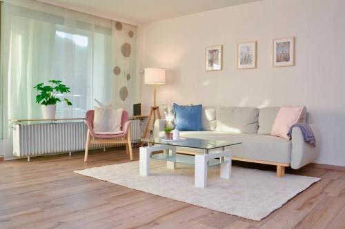 a living room with a couch and a coffee table at ApartZ - Bad Harzburg - Apartment mit Sauna in idealer Lage mit Bergblick in Bad Harzburg