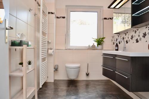 a bathroom with a toilet and a sink and a window at ApartZ - Bad Harzburg - Apartment mit Sauna in idealer Lage mit Bergblick in Bad Harzburg