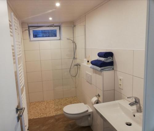 a bathroom with a toilet and a sink at Your Suite Runkel - Runkel, you're sweet! in Runkel