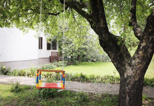 a swing hanging from a tree in a yard at Zeleno srce in Soko Banja