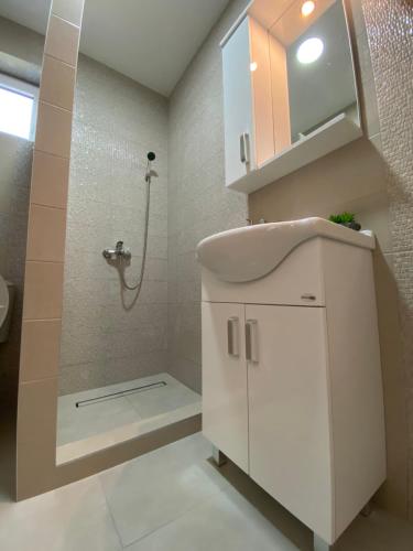 een witte badkamer met een wastafel en een douche bij Apartment Lorena in Kotor