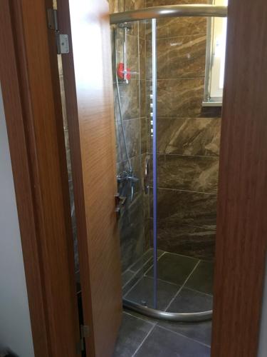 La salle de bains est pourvue d'une douche et d'une porte en verre. dans l'établissement Sokullu hill, à Istanbul