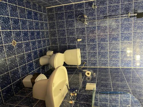 uma casa de banho com WC e paredes em azulejos azuis em Къща за гости “Краси” em Yagodina
