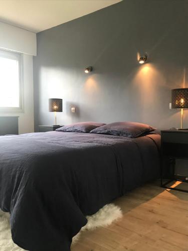 a bedroom with a large bed with two lamps at Appartement centre Barcelonnette in Barcelonnette