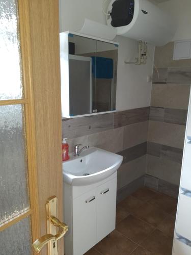 a bathroom with a sink and a mirror at Penzion U Pavla in Most