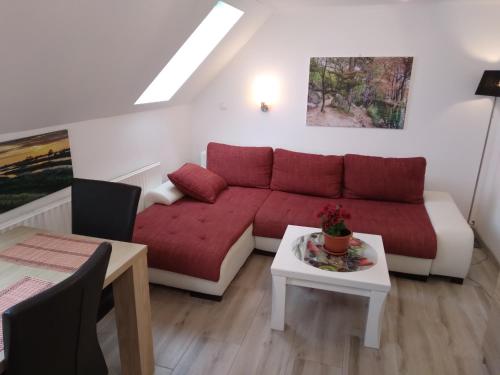 a living room with a red couch and a table at Raza Soarelui apartament de lux in Sovata