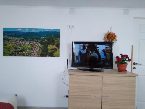 a tv sitting on a dresser in a living room at Raza Soarelui apartament de lux in Sovata