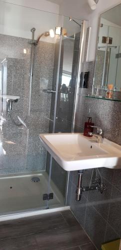 a bathroom with a sink and a shower at Stara Kuźnia in Sztutowo
