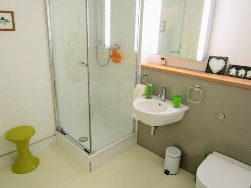 La salle de bains est pourvue d'une douche, d'un lavabo et de toilettes. dans l'établissement Regatta, à Thorpeness