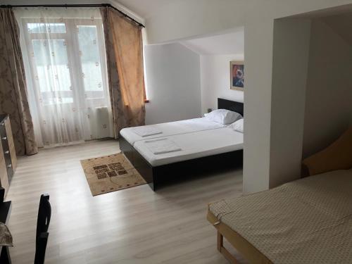 a bedroom with two beds and a large window at Pensiunea Cazanele Dunarii in Dubova