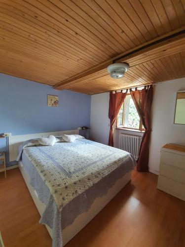 a bedroom with a bed and a wooden ceiling at Coccinella House in Calasca Castiglione