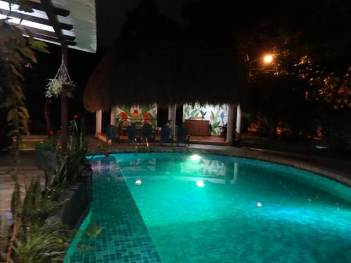 a swimming pool with blue water at night at Hotel-Boutique Patampa in David