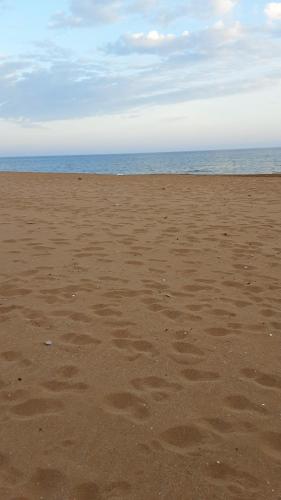 a beach with footprints in the sand and the ocean at Efi's apartment in Marathias
