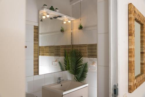 uma casa de banho com um lavatório e um espelho em Hôtel Les Bananiers em Le Gosier