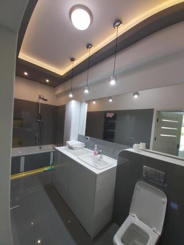 a bathroom with a sink and a toilet and a mirror at Apartment for you 2 Królewiecka 21 in Mrągowo