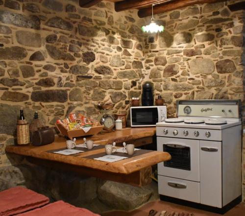 a kitchen with a stove and a stone wall at Helikon -la dimora del viandante- in Montalbano Elicona