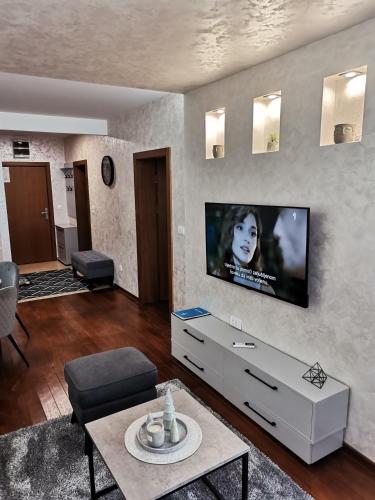 a living room with a flat screen tv on a wall at NOVAK apartman in Vrnjačka Banja