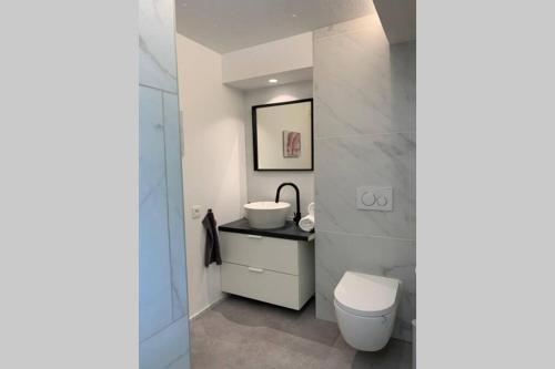 La salle de bains est pourvue de toilettes blanches et d'un lavabo. dans l'établissement PARK Loft @ BRUGES with private (free) parking, à Bruges