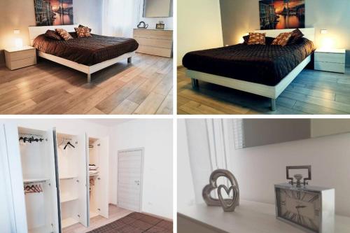Marco's apartment -ideale per Venezia- في ميستر: ثلاثة مناظر مختلفة لغرفة نوم مع سرير وخزانة
