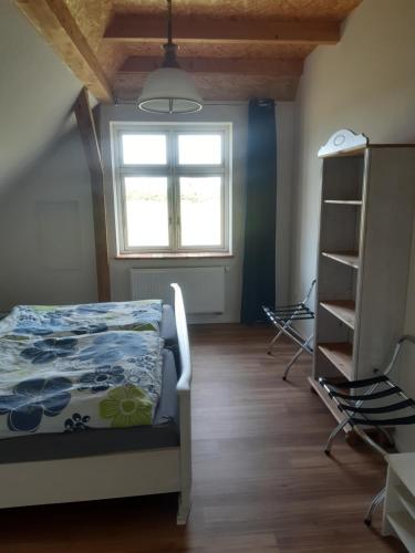 a bedroom with a bed and a window at Ferienwohnung Wald und Weitblick in Dreschvitz
