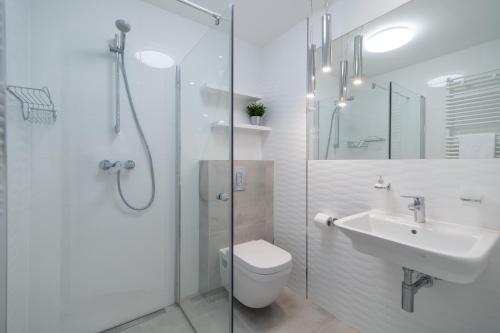 a bathroom with a shower and a toilet and a sink at Piaski Bałtyku in Gąski