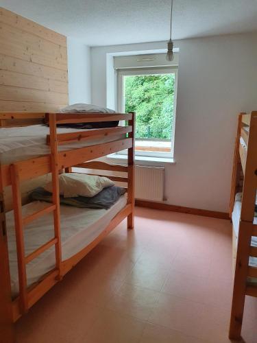 Cette chambre comprend 2 lits superposés et une fenêtre. dans l'établissement Gîte du Moulin, à Les Planches-près-Arbois