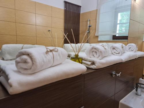 um monte de toalhas num balcão na casa de banho em Spichlerz Bliźniaczy em Kazimierz Dolny