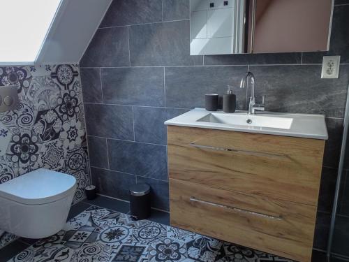 a bathroom with a sink and a toilet at Bed & Breakfast De Leekerhoek in Oosterleek