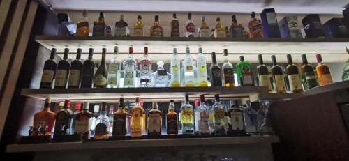 a shelf full of different types of bottles at Apart Lux Beciragic in Dobra Voda