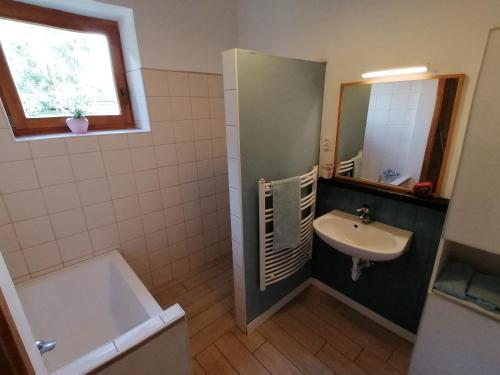y baño con lavabo, bañera y espejo. en Country home @ the Danube Bend en Nagymaros