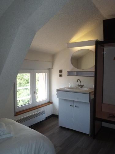 1 dormitorio con lavabo, cama y ventana en HOTEL LE FOIRAIL en Figeac