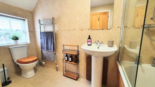 y baño con aseo, lavabo y ducha. en Glenfield Cottage - Secluded Luxury deep in the Oxfordshire Countryside, en Wilcote