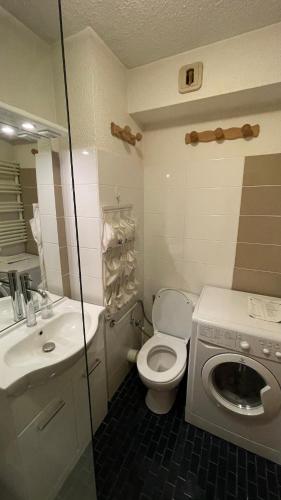 une petite salle de bain avec toilettes et lavabo dans l'établissement Cosy studio on the slopes and centre of Chamonix, à Chamonix-Mont-Blanc