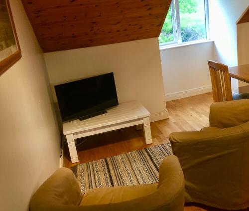 a living room with a tv and two chairs at Rugged Glen Accommodation in Glengarriff