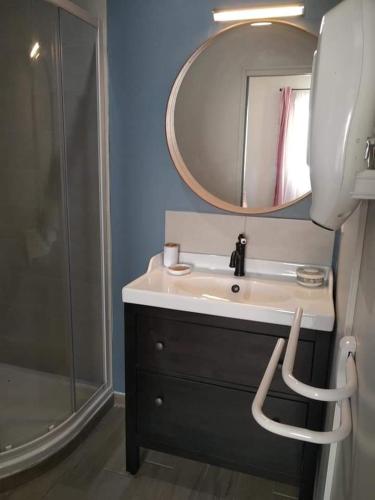 une salle de bain avec un lavabo, un miroir et une douche dans l'établissement Atelier Benjaminte, à Maillane