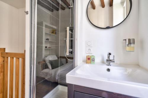 une salle de bain avec un lavabo et une douche dans l'établissement Cute and New Studio Duplex in the Heart of Paris, à Paris