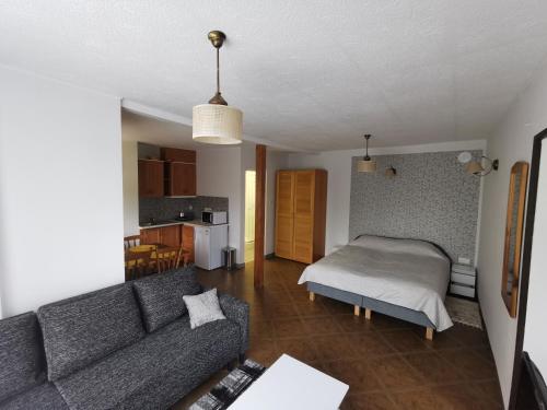 uma sala de estar com um sofá e uma cama em Apartament Ogrodowa em Frombork