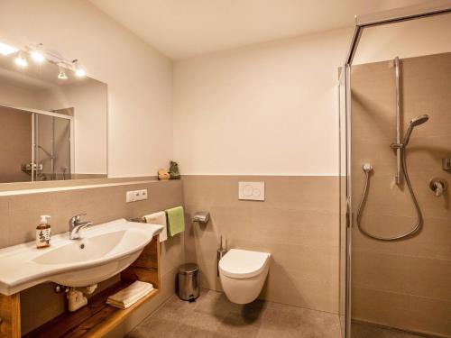 Un baño con lavabo, inodoro y ducha. en Pfattenspitz Maurerhof, en Valdurna