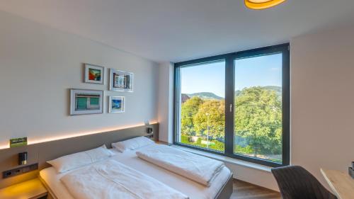 - une chambre avec un lit et une grande fenêtre dans l'établissement Saminapark Aparthotel, à Frastanz