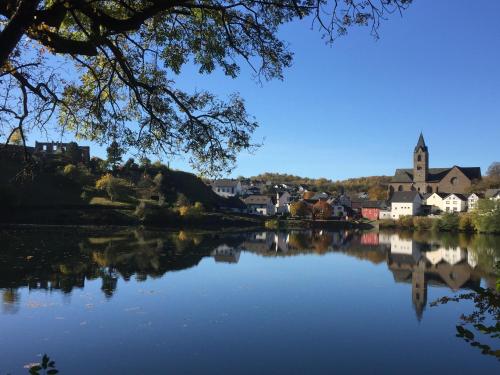 Blick auf eine Stadt auf der anderen Seite des Flusses in der Unterkunft Ferienwohnungen Eifelstuben mit Charme - am See, nahe Burg in Ulmen