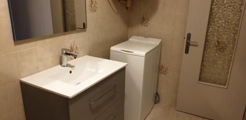 une salle de bain avec un lavabo, des toilettes et un miroir dans l'établissement Appartement de charme vieille ville, à Corte