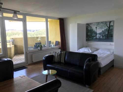 ein Wohnzimmer mit einem Sofa und einem Bett in der Unterkunft Panoramic Apartments Hohegeiß in Hohegeiß