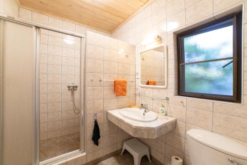 a bathroom with a sink and a shower at Hotel Pension Palmquell in Klein Windhoek