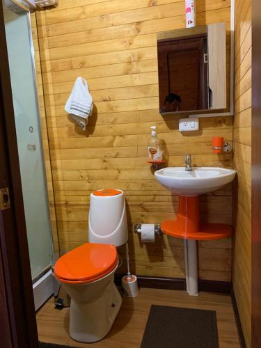 a bathroom with a toilet and a sink at Mirador Bosque Gran Torino Neusa in Cogua