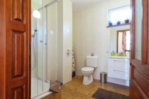 łazienka z toaletą i przeszklonym prysznicem w obiekcie Farkas Apartman w Siófoku